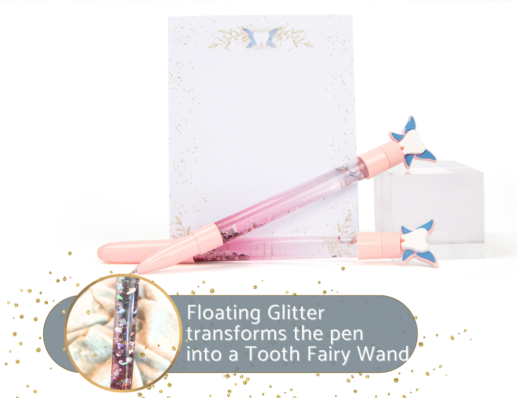 Tooth Fairy Wand Pen and notepad set with floating glitter cool pen for girls